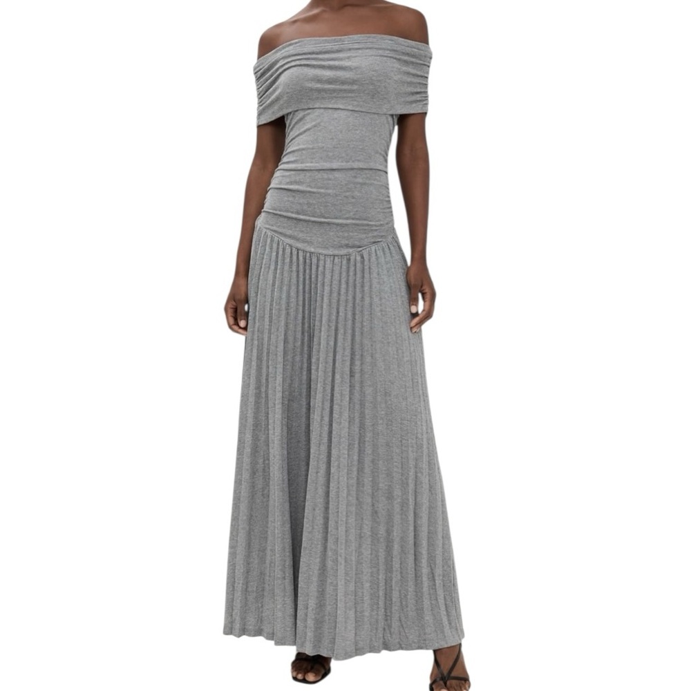 LIONESS 🦁 Field of Dreams Maxi Dress Gray Off Shoulder Pleated Stretch Knit L